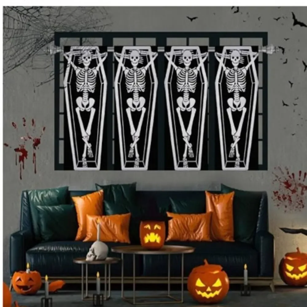 NWT ~ Set/ 4 Panels ~ Spooky Halloween Coffin Skeleton Curtains ~ 13
